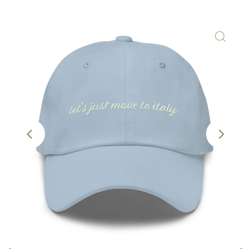 Light Blue Baseball Cap with Embroidered Text “Let’s Just Move to Italy”